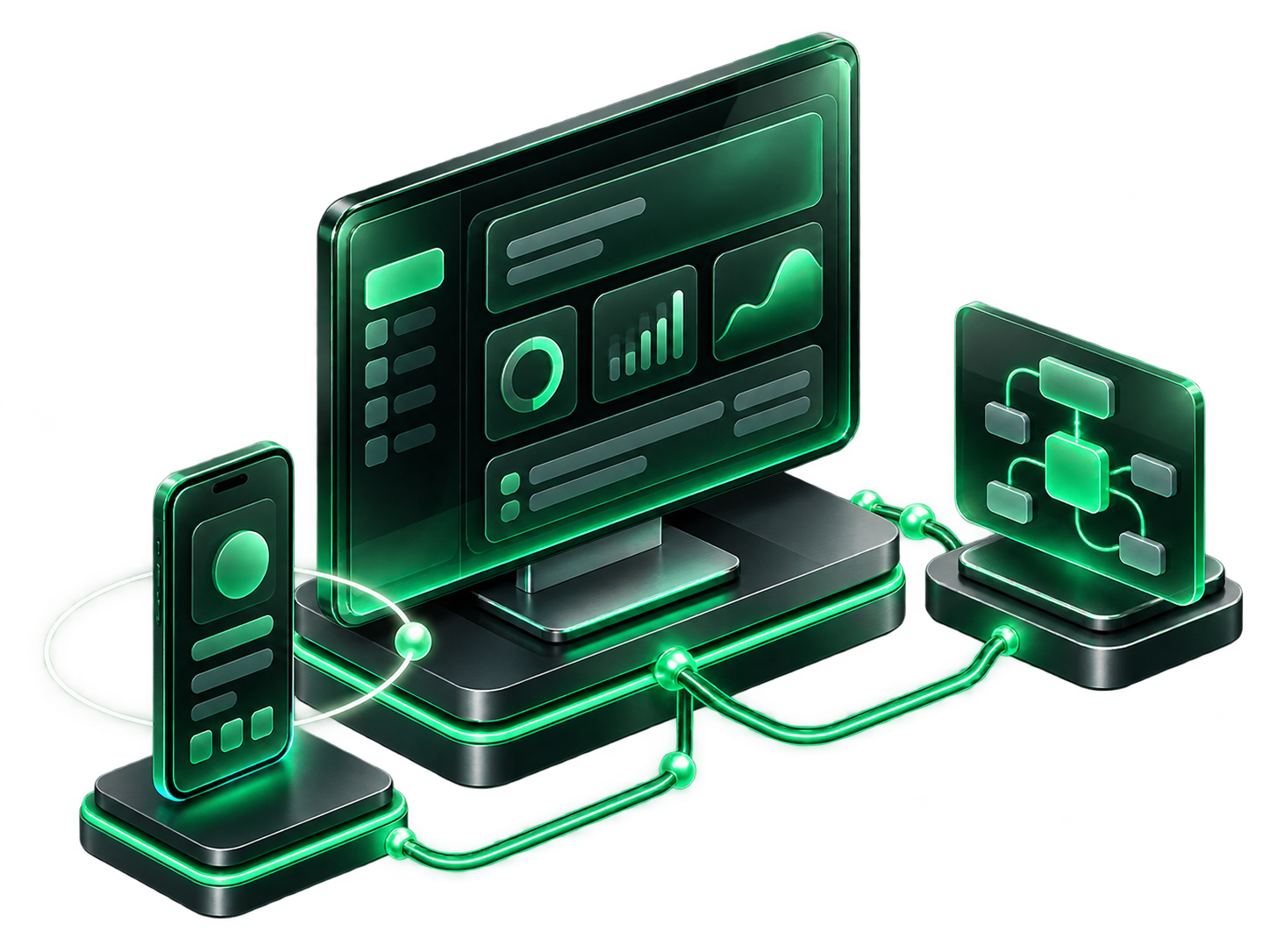 Ilustração conceitual de um site, um aplicativo e um fluxo de automação conectados em vidro verde.